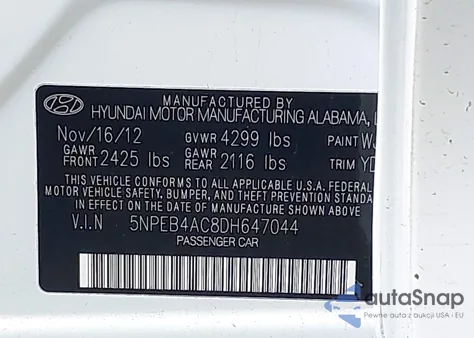 2013 Hyundai Sonata Gls z USA, uszkodzony, nr VIN 5NPEB4AC8DH647044